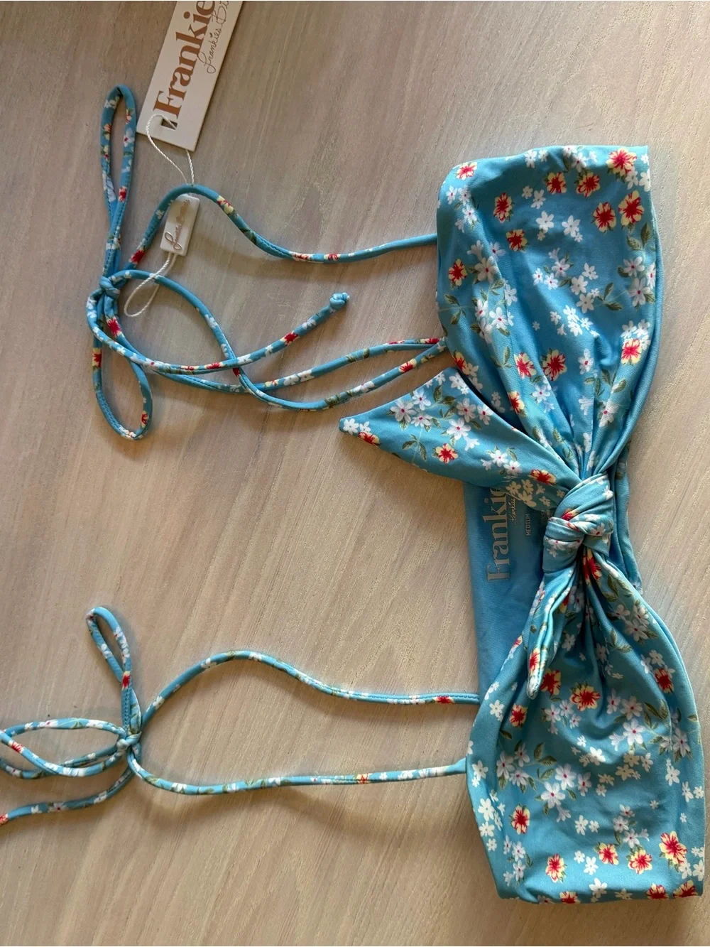 Frankie's Bikinis Light Blue Floral Knot Bandeau Top